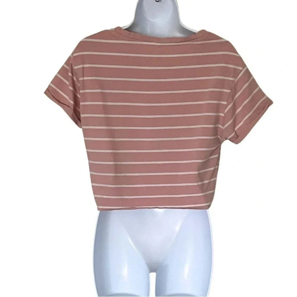 Tie-Up Crop Top Tee - Crew Neck- Pink and White Striped - Women's Size Medium - Picture 6 of 8